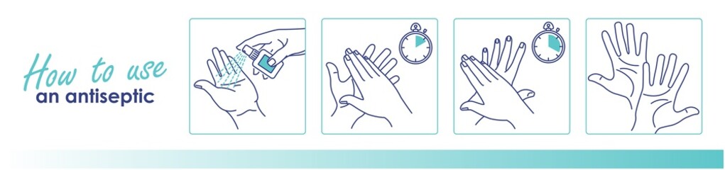 How to use a hand antiseptic to clean and disinfect hands. Medical instruction. Vector illustration