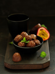 Chocolate Truffles with Passion Fruit Mint Juice. Selective focus