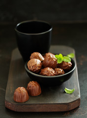 Chocolate Truffles with Passion Fruit Mint Juice. Selective focus