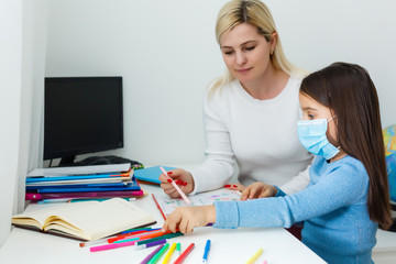 Fototapeta premium Protection against contagious disease, coronavirus concept. Mother and daughter wearing hygienic mask to prevent infection, respiratory illness such as flu, . minimize risk of Viral transmission.