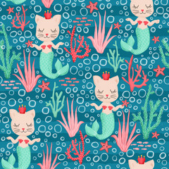 Mermaid cats seamless pattern. Cute Kittys with mermaid tails and crowns between corals and bubbles repeating background. For kids fabric, children decor
