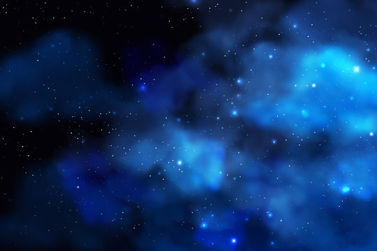 Cosmos background with realistic stardust, nebula and shining stars. Colorful galaxy backdrop. Space vector illustration. Starry night, infinite universe, milky way.