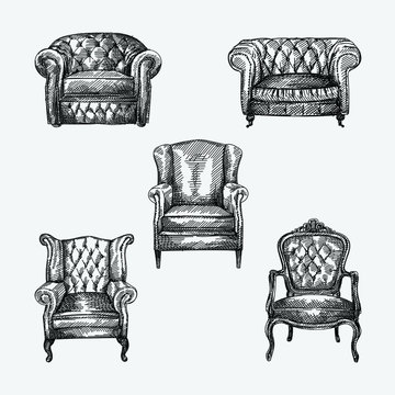 Hand-drawn sketch of collection of 5 armchairs of antique period. Chesterfield leather armchair with quilted and long backrest. Armchair of the antique period. Vintage armchair. Chesterfield sofas