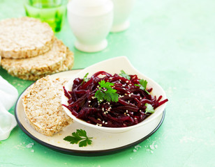 Vegetarian beetroot salad. selective focus.
