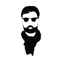 Silhouette of a male face with glasses and a beard. Black and white graphics. Vector illustration.