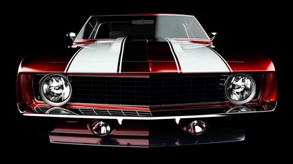 Foto op Plexiglas Auto 3D illustratie. Spier rode auto weergave geïsoleerd op zwarte achtergrond. Uitstekende klassieke sportwagen. Auto Show. Wielen. Bumper. Vooraanzicht in perspectief.