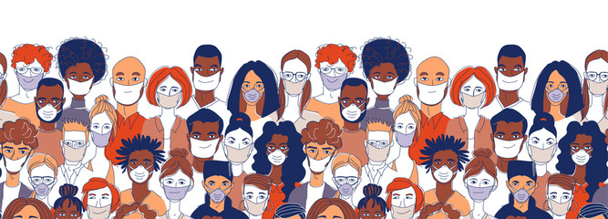 Diverse crowd group people wearing medical masks protection coronavirus epidemic.