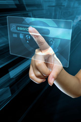 a woman hand is searching data on a computer