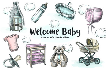 Colorful hand-drawn sketch of set for a newborn baby. Stroller, cradle, crib, teddy bear, cotton hat, short-sleeved bodysuit, cradle, changing table, milk bottle and pacifier.