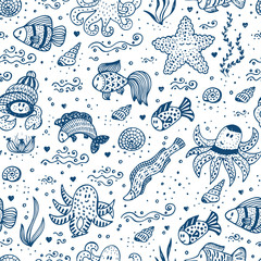 Naklejka premium Hand Drawn Doodle Cute Sea Animals Seamless pattern. Various Fish, Octopus, Crab, Starfish - Vector background