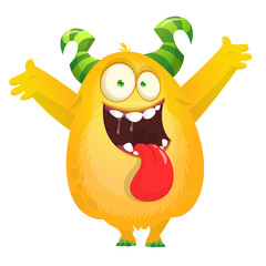 Funny cartoon yellow excited monster waving hands and showing tongue. Vector Halloween illustration.