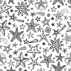 Naklejka premium Black Stars - Vector Seamless pattern. Stars with different patterns. Hand drawn doodle Stars.