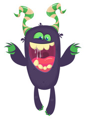 Funny cartoon monster with laughing face expression. Vector Halloween illustration