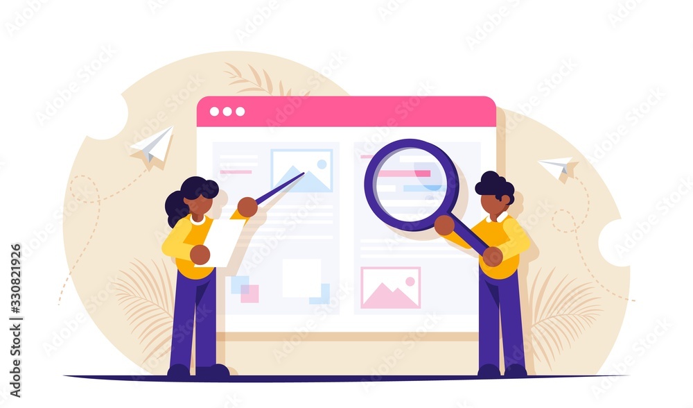 Poster the process of creating engaging content for a website or blog. man with a magnifying glass and a po
