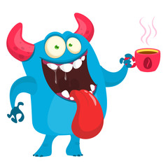 Funny cartoon monster having cup of coffee. Vector Halloween illustration.