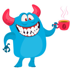 Funny cartoon monster having cup of coffee. Vector Halloween illustration.