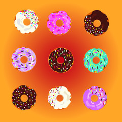donut set with colored glaze on orange background. donut set isolates with multicolor sprinkles. Dessert, sweet, web design or print. Vector Illustration.