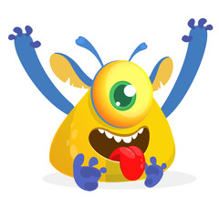Happy cartoon monster. Laughing monster face emotion. Halloween vector illustration
