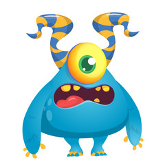 Angry cartoon monster  with horns and one eye. Smiling monster emotion with big mouth. Halloween vector illustration.