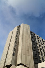 Corner of a tall building, acute angle view