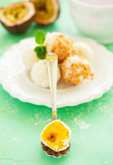 Homemade sweets Truffle with mango and passion fruit.
