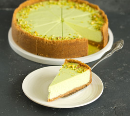 Pistachio Cheesecake. Homemade baking. Selective focus