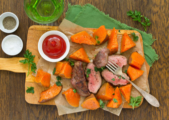 Roast beef with baked pumpkin.