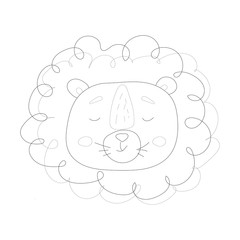 Cute icons of baby lion head outline. Savanna animal in doodle style isolated on white background. Vector outline illustration. Textile kids print on t-shirt.One line tattoo, sticker, coloring page.