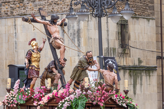 Leon, Spain. 4/19/2019. Pass in the Holy Week of Leon known as La Exaltacion de la Cruz that leaves on Holy Friday