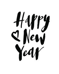 Happy New Year. Handwritten phrase on white background. Vector text element with black inscription and heart. Modern brush calligraphy style