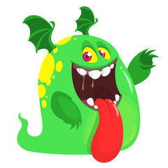 Fototapeta premium Funny cartoon ghost with wings showing tongue. Vector Halloween illustration.