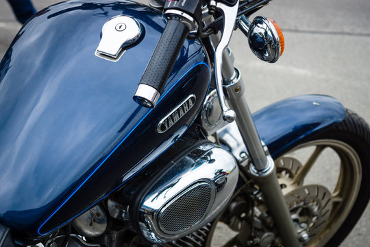 BERLIN - MAY 10, 2015: Detail of motorcycle Yamaha XV 750 Virago, 1993. The 28th Berlin-Brandenburg Oldtimer Day