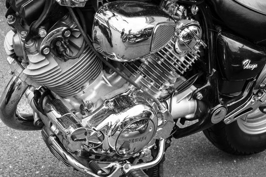 BERLIN - MAY 10, 2015: Engine of the motorcycle Yamaha XV 750 Virago, closeup, 1993. Black and white. 28th Berlin-Brandenburg Oldtimer Day