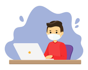 Vector illustration of a man in a protective face mask working at a laptop. The person is protected from viruses. Distance learning and work during an outbreak. Disease prevention. Coronavirus.