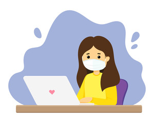 Vector illustration of a girl in a protective mask on her face working at a laptop. A person is protected from viruses. Distance learning and work during an outbreak. Disease prevention. Coronavirus.
