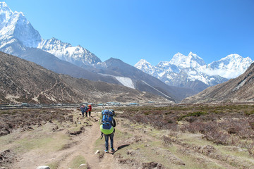 Obraz premium Back view. Nepalese sherpa porter walks carrying heavy bags towards Pheriche village in Himalayas on the way to Everest base camp. Ama Dablam mountain is visible in the background. Hiking theme.