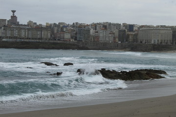 Waves on a beach in A coruna city in Spain