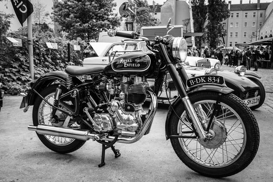 BERLIN - MAY 10, 2015: Motorbike Royal Enfield Bullet 500 Classic. Black and white. 28th Berlin-Brandenburg Oldtimer Day