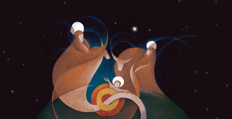 Beautiful nativity scene concept in hand drawn, sky with stars © Martin