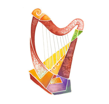 Handmade drawing of a Celtic harp and country folk music instruments in a modern style colored with watercolors
