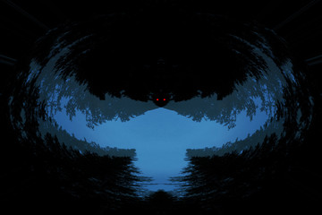 Scary background with ghost with red eyes in dark tones. Night silhouette of creepy monster in shadow with copy space. Halloween story with devil. Spooky demon. Supernatural powers. Pure evil. © Daniil