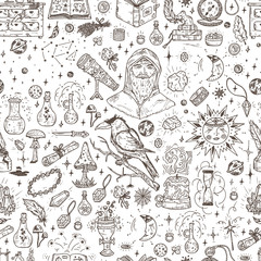 Alchemy Seamless pattern. Endless background with Hand Drawn Doodle Magic alchemical Symbols