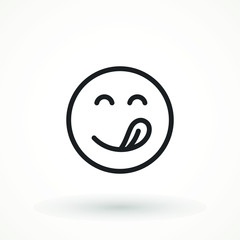 Yummy smile emoticon icon lick mouth. Editable strok Tasty food eating emoji face. Delicious cartoon on white background. Smile face line design. Savory gourmet. Yummy vector icon