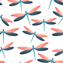 Fototapeta premium Dragonfly funky seamless pattern. Spring clothes textile print with flying adder insects. Garden 