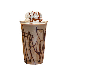 Blended iced Mocha Frappe or chocolate smoothie in a clear cup on a white background.