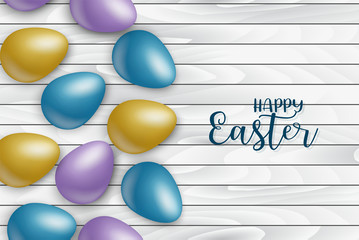 Happy Easter poster. Wooden background with colorful egg. Vector illustration.