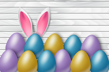 Easter poster. Wooden background with colorful eggs and bunny ears. Vector illustration.