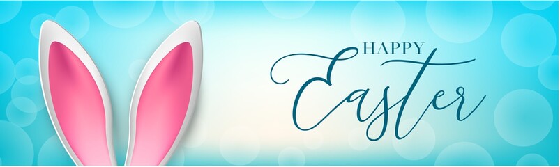 Naklejka premium Happy Easter holiday banner or newsletter header. Bunny ears on blue background. Vector illustration with lettering.