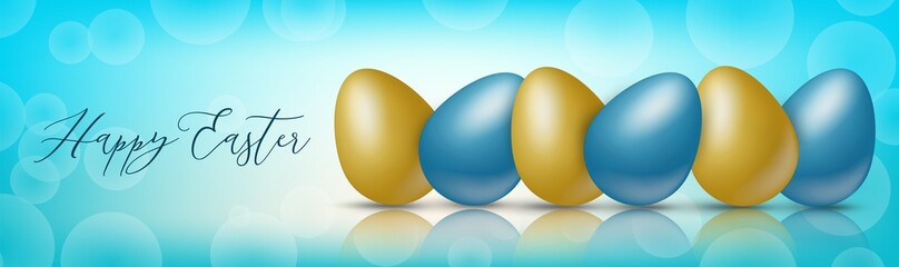 Happy Easter holiday banner or newsletter header. Colorful eggs on glass surface and blue background. Vector illustration with lettering.