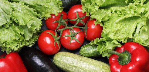 Green lettuce, red ripe tomatoes on a branch, fresh cucumbers and red bell peppers paprika. Vegetables on a black textured background.